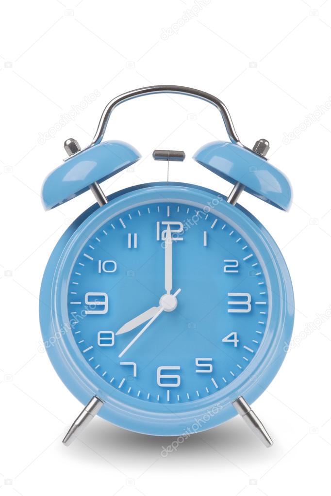 Blue alarm clock with the hands at 8 am or pm isolated on a white background, One of a set of 12 images showing the top of the hour starting with 1 am / pm and going through all 12 hours
