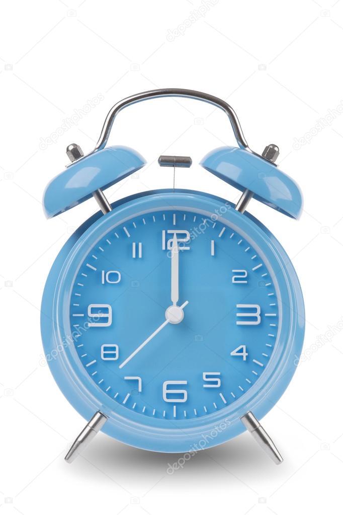 Blue alarm clock with the hands at 12 am or pm midnight or noon isolated on a white background, One of a set of 12 images showing the top of the hour starting with 1 am / pm and going through all 12 hours