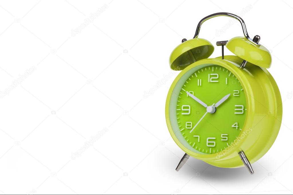 Green alarm clock with the hands at 10 and 2 isolated on a white background