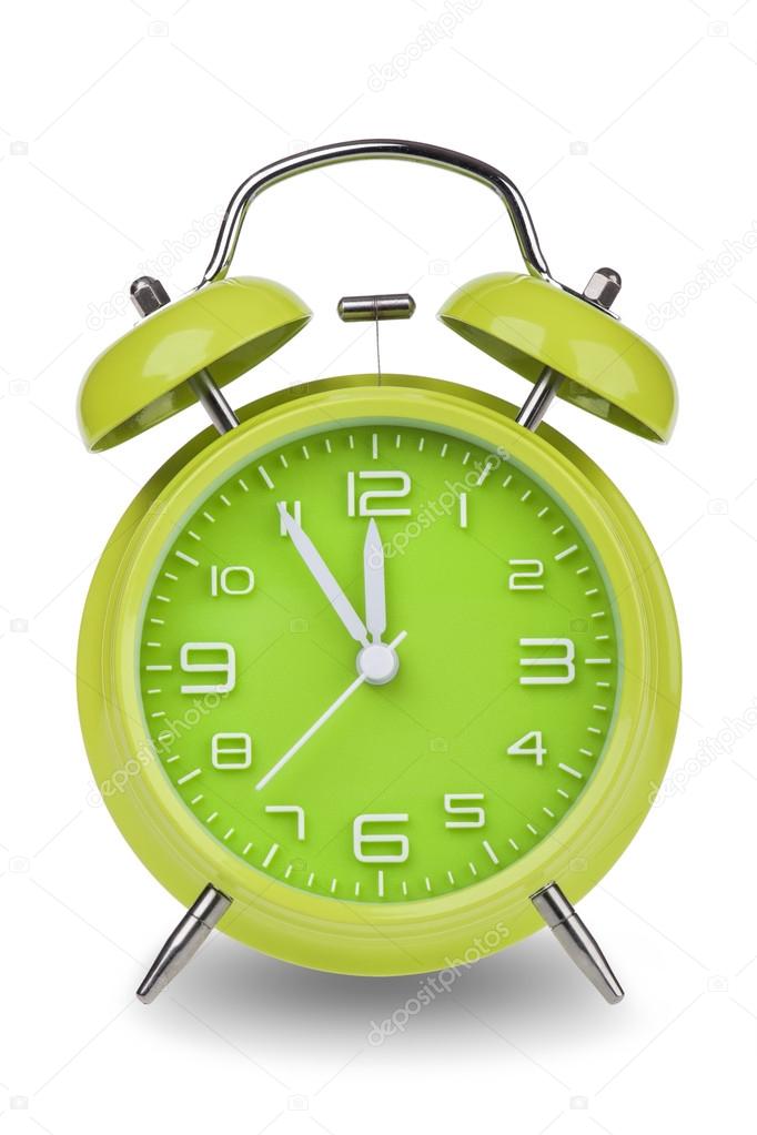 Green Alarm Clock With The Hands At 5 Minutes Till 12 Illustrating