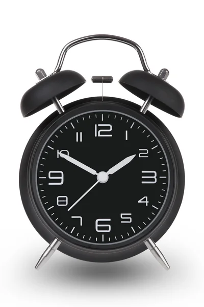 Black alarm clock with the hands at 10 and 2 am or pm isolated on a white background — Stok fotoğraf