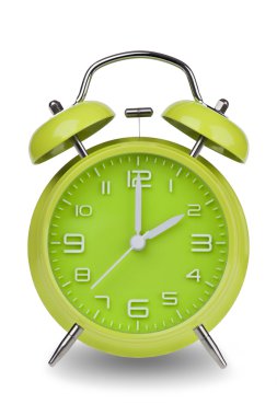 Green alarm clock with the hands at 2 am or pm isolated on a white background. One of a set of 12 images showing the top of the hour starting with 1 am or pm and going through all 12 hours