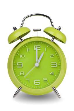 Green alarm clock with the hands at 1 am or pm isolated on a white background. One of a set of 12 images showing the top of the hour starting with 1 am or pm and going through all 12 hours