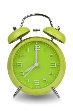 Green alarm clock with the hands at 8 am or pm isolated on a white background. One of a set of 12 images showing the top of the hour starting with 1 am or pm and going through all 12 hours