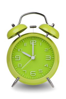 Green alarm clock with the hands at 10 am or pm isolated on a white background. One of a set of 12 images showing the top of the hour starting with 1 am or pm and going through all 12 hours