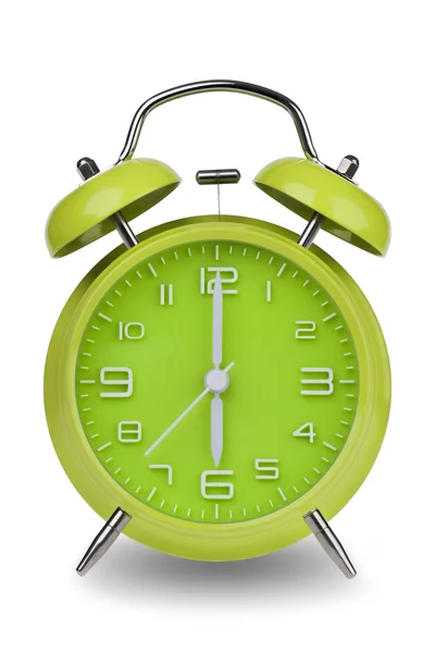 Green alarm clock with the hands at 6 am or pm isolated on a white background. One of a set of 12 images showing the top of the hour starting with 1 am or pm and going through all 12 hours — Stock Photo, Image