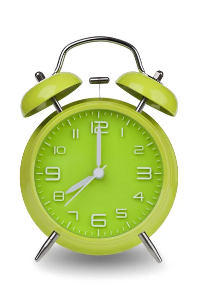 Green alarm clock with the hands at 8 am or pm isolated on a white background. One of a set of 12 images showing the top of the hour starting with 1 am or pm and going through all 12 hours — Zdjęcie stockowe