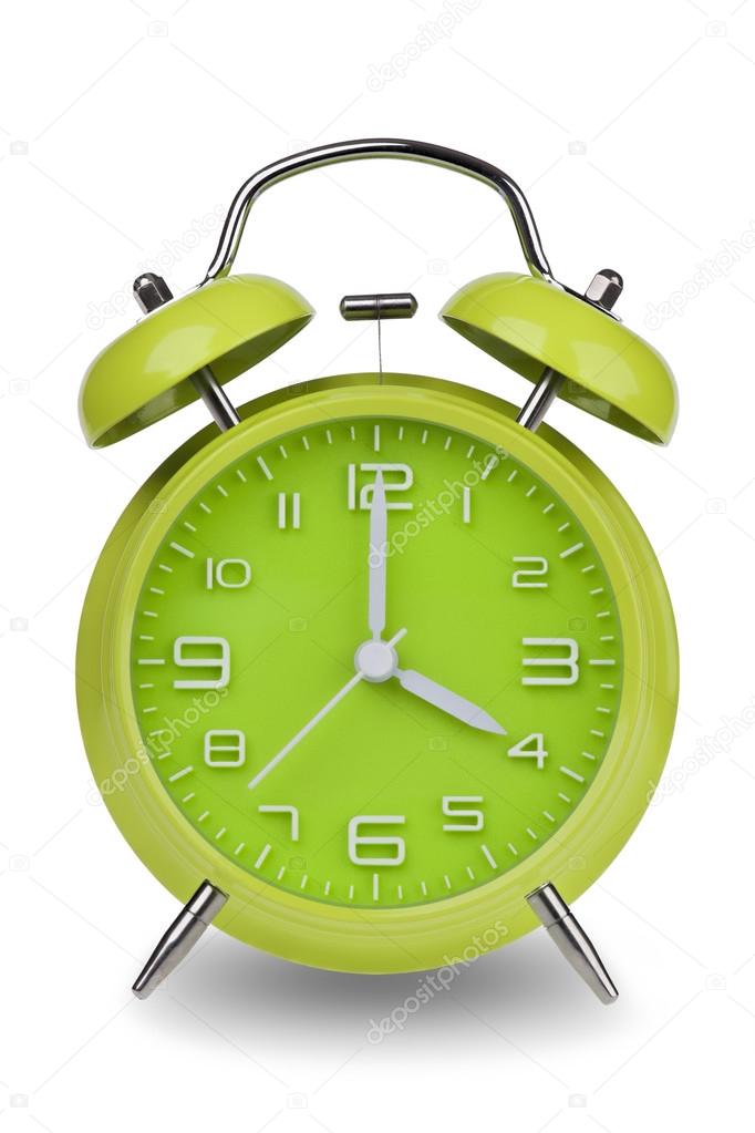 Green alarm clock with the hands at 4 am or pm isolated on a white background. One of a set of 12 images showing the top of the hour starting with 1 am or pm and going through all 12 hours