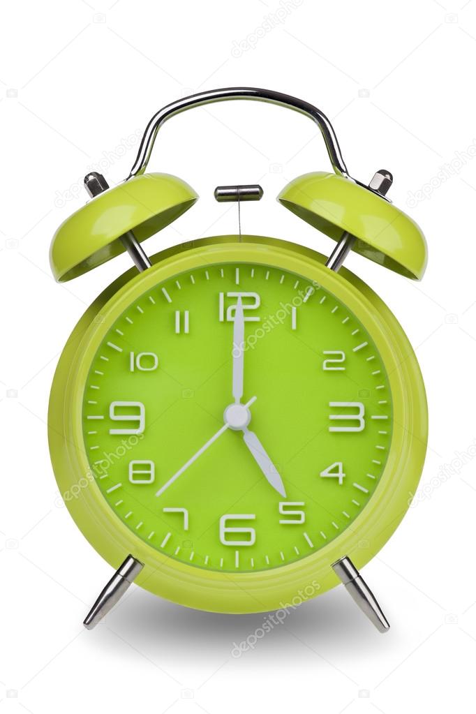 Green alarm clock with the hands at 5 am or pm isolated on a white background. One of a set of 12 images showing the top of the hour starting with 1 am or pm and going through all 12 hours