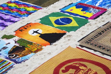 Rio de Janeiro, Brazil February 12, 2015 Beach towels for sale as souvenirs along the world famous Copacabana beach