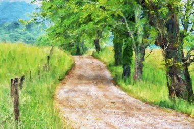 Düşünce Cades Cove büyük Smoky Dağları Milli Parkı, Tennessee, Amerika Birleşik Devletleri'nde önde gelen Sparks Lane çakıl giden yol boyunca sabah erken empresyonist sanatı