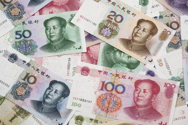 Çin Rmb banka notları veya Yuan ile Başkan Mao her banknotun ön arka plan kolaj