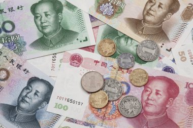 Background collage of Chinese Rmb bank notes  or Yuan and coins with Chairman Mao on the front of each bill clipart