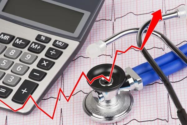 ЭКГ со стетоскопом и калькулятором, показывающими стоимость медицинского обслуживания — стоковое фото