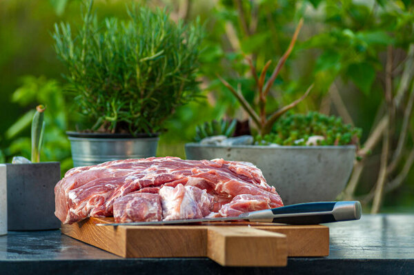Big piece of pork or beef meat and a big knife on cutting board, outdoors in garden
