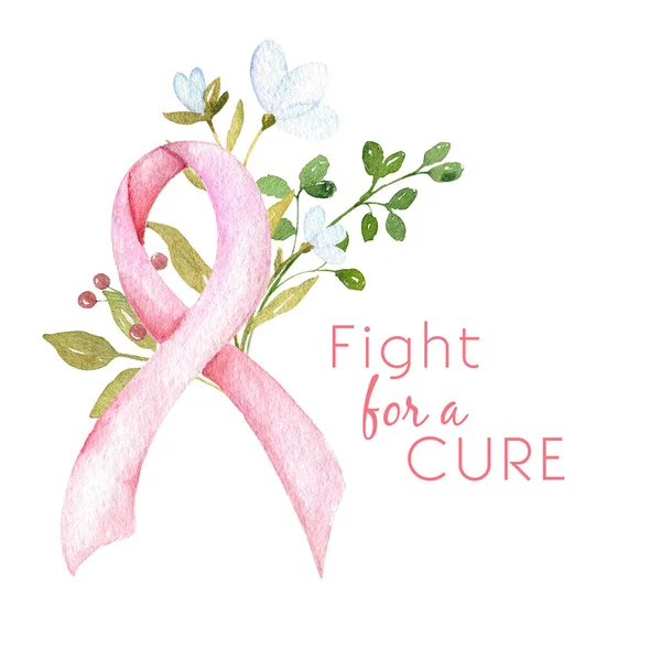 Berjuang untuk penyembuhan. Konsep kesadaran kanker payudara cat air. Pita merah muda dengan bunga terisolasi pada latar belakang putih. — Stok Foto