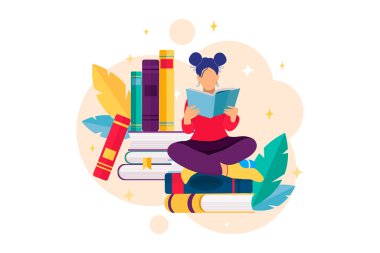 Düz tasarım illüstrasyon, kitap rafları, kitap okuyan kızlar ve çiçek unsurları. Kitap okuma konsepti. Kütüphane konsepti. Eğitim Konsepti. Kitap günün kutlu olsun. Vektör illüstrasyonu