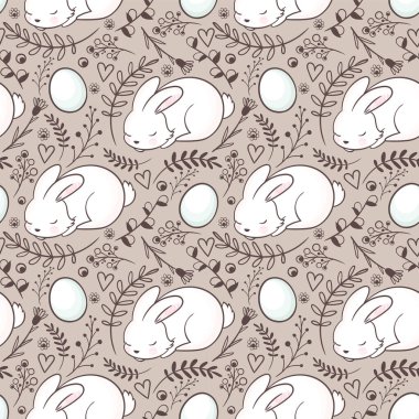Çiçekli paskalya motifleri, paskalya yumurtaları ve tavşanlı kusursuz paskalya deseni. Klasik bahar paskalya bayramı pastel arka planı. El çizimi yumurta, tavşan, çiçekler, dallar. Paskalya illüstrasyonu.. 
