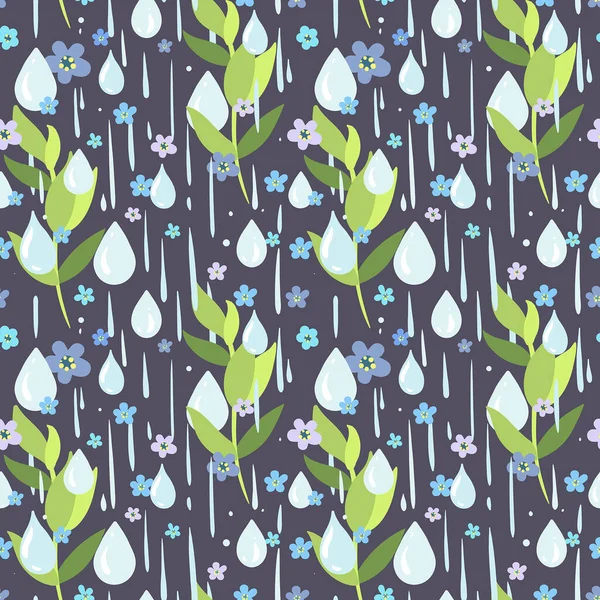 Motif vectoriel sans couture avec des fleurs, des feuilles et des gouttes de pluie oubliées sur le fond sombre. Modèle mignon avec des fleurs bleues. — Image vectorielle