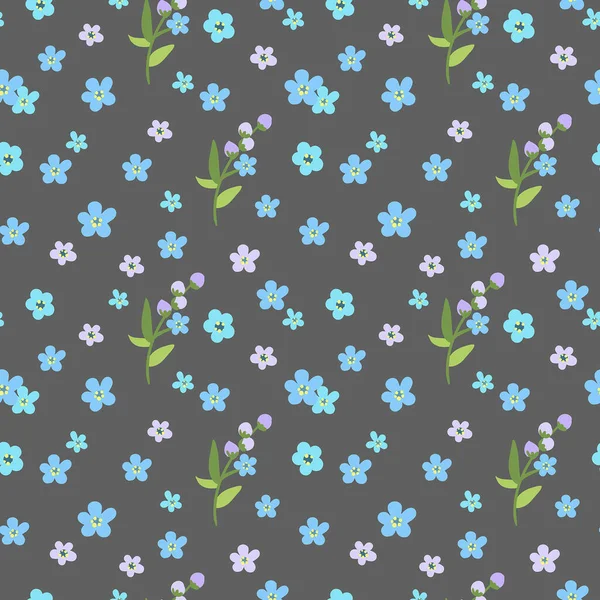 Vektor sömlöst mönster med glömma-mig-inte blommor på den mörka bakgrunden. Söt mönster med blå blommor. Trädgårdsarbete. Handritad platt illustration. — Stock vektor