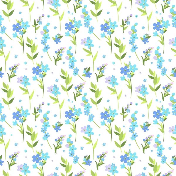 Motif vectoriel sans couture avec des fleurs oubliées sur le fond blanc. Modèle mignon avec des fleurs bleues. Jardinage. Illustration plate dessinée à la main. — Image vectorielle