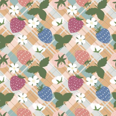 Kareli masa örtüsü. Tatlı çilekler ve çiçeklerle kusursuz damalı desen. Piknik illüstrasyonu. Kumaş dokusu. Kareli ekose. Meyve ve meyveli yaz illüstrasyonu.