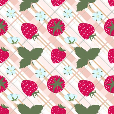 Kahverengi kareli masa örtüsü. Tatlı çilekler ve çiçeklerle kusursuz damalı desen. Piknik illüstrasyonu. Kumaş dokusu. Kareli ekose. Meyve ve meyveli yaz illüstrasyonu.