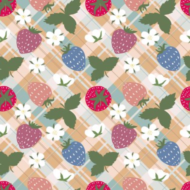 Kareli masa örtüsü. Tatlı çilekler ve çiçeklerle kusursuz damalı desen. Piknik illüstrasyonu. Kumaş dokusu. Kareli ekose. Meyve ve meyveli yaz illüstrasyonu.