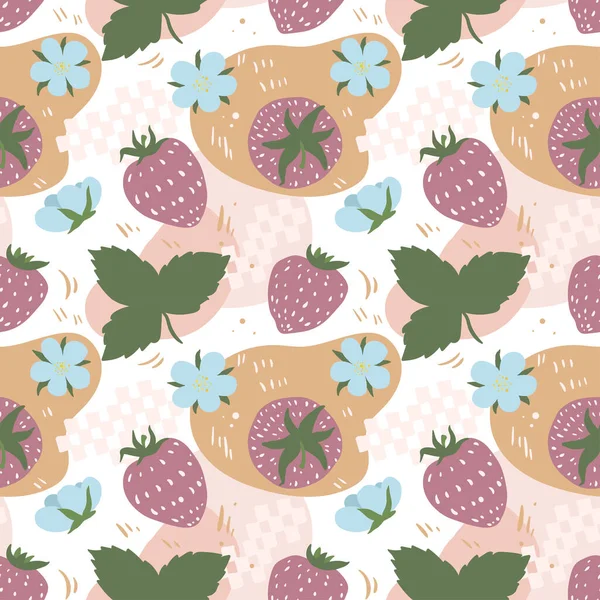Abstrakt sommarmönster. Fruktillustration i skandinavisk stil. Handritade platta jordgubbar med abstrakta fläckar. Jordgubbar blommor och blad. Härligt barnsligt koncept för textil, affischer — Stock vektor