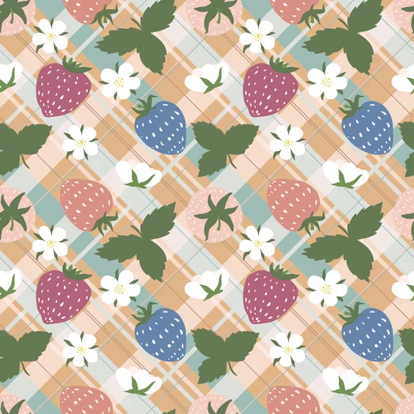 Mantel a cuadros. Patrón a cuadros sin costuras con lindas fresas y flores. Picnic Illustration. Textura de tela. Cuadros a cuadros. Ilustración de verano con frutas y bayas. — Vector de stock