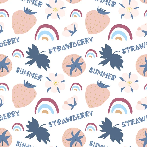 Cute summer pattern.Strawberries, scandinavian rainbows, hand drawn lettering. Illustration in the scandinavian style. Hand drawn flat strawberry in pastel colors. Childish background for textile. — 图库矢量图片