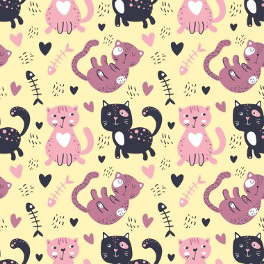 Şirin kedileri olan kusursuz bir desen. Farklı karakterler ve balık iskeleti. Çocuk odası vektörü basit İskandinav tarzıyla elle çizilmiş. Pastel palet bebek tekstil ve kumaşları basmak için ideal