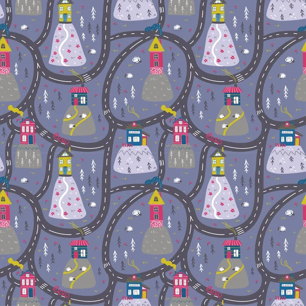Hand drawn trendy vector illustration with color houses. Childish city map with mountains and roads. Flat design. Houses in the hills. Seamless pattern in the scandinavian style. Cartoon town map.