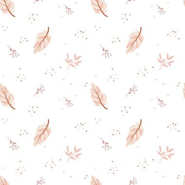 Boho tarzında kusursuz bir desen. Beyaz arka planda pembe tüyler ve çiçek elementleri var. Kabile tüyü çizgi film çizimi. Hint etnik süsü. Sevimli İskandinav çocukları baskısı.