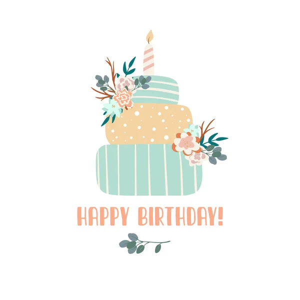 Tarta de cumpleaños con velas y flores. Diseño de la tarjeta de felicitación Happy Birthday con estilo boho color. Elementos boho dibujado a mano. Plantilla de tarjeta de cumpleaños feliz con flores, pastel, vela, guirnalda. — Vector de stock
