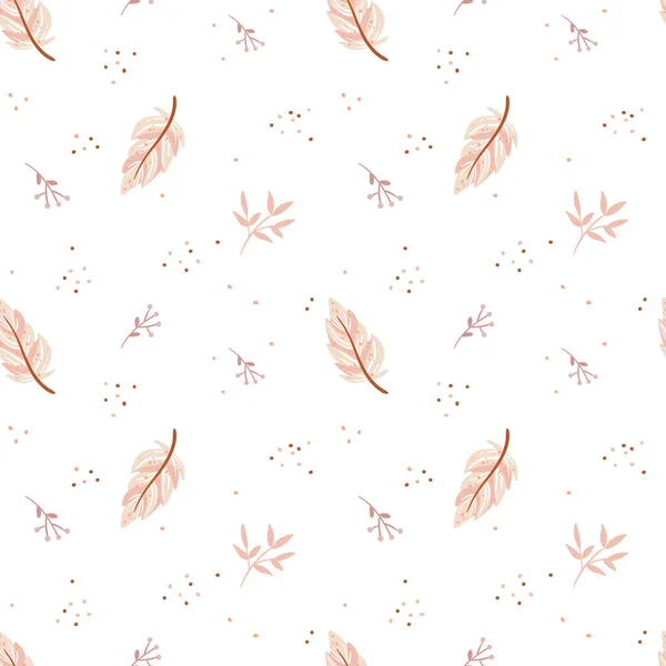 Charmant motif sans couture dans le style boho. Plumes roses et éléments floraux sur fond blanc. Illustration de dessin animé en plume tribale. Ornement ethnique indien. Mignon scandinave enfants imprimer. — Image vectorielle