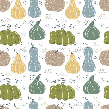 Çizgi film tarzında el çizimi balkabağı desenli kusursuz desen. Kabakların, kabakların düz pastel arka planı. Şükran Günü, hasat ve Cadılar Bayramı için İskandinav tarzında sonbahar arkaplanı