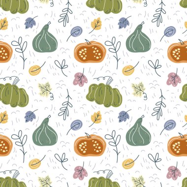Çizgi film tarzında el çizimi balkabağı desenli kusursuz desen. Balkabaklarının düz pastel arka planı, çizgili ve noktalı kabak. Şükran Günü için sonbahar arkaplanı, İskandinav tarzı hasat