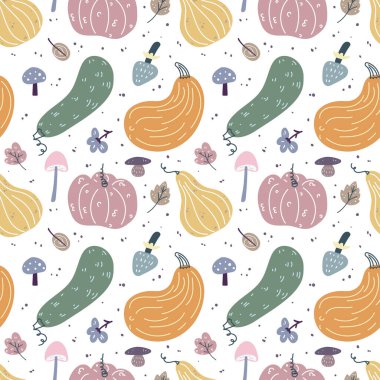 Çizgi film tarzında el çizimi balkabağı desenli kusursuz desen. Kabakların, kabakların, yaprakların ve mantarların düz pastel arka planı. Şükran Günü için sonbahar arkaplanı, İskandinav tarzı hasat