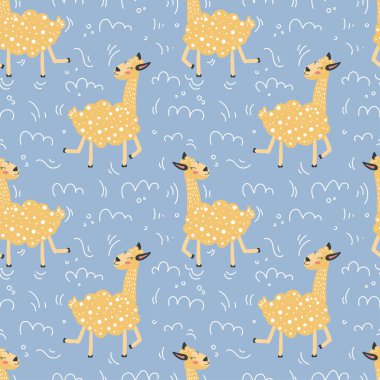 Moda tarzında vektör komik çizgi film lama. İskandinav tarzı. Lama 'lı kusursuz desen ve mavi arka planda el çizimi elementler. Çocuksu doku, çocuk bezi..