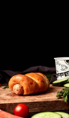 Salatalıklı, domatesli, otlu ve kahveli hamur sosisi siyah arka planda tahta bir tahtanın üzerinde