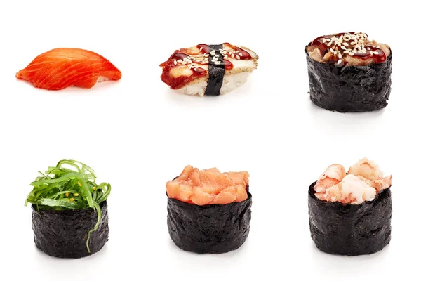 Verschiedene Sushi Und Gunkans Isoliert Auf Weißem Teller Frontansicht lizenzfreie Stockbilder