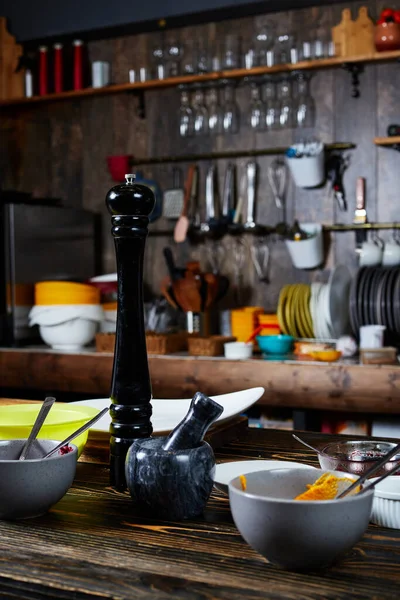 various kitchen items on the table in the restaurant