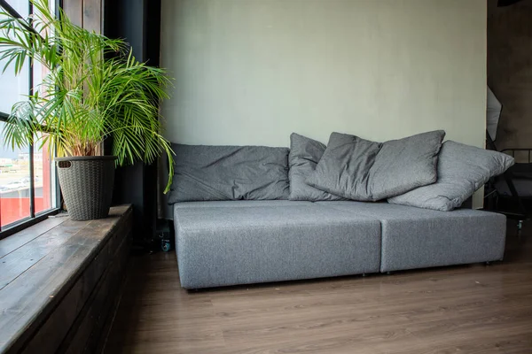 Miękka Tapicerowana Lekka Sofa Modułami Wnętrzu Panoramicznym Oknem — Zdjęcie stockowe