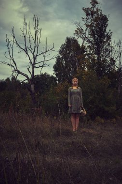 Elinde sepeti olan köylü elbiseli sarışın bir kız ve kasvetli bir tarlada küçük bir köpek.