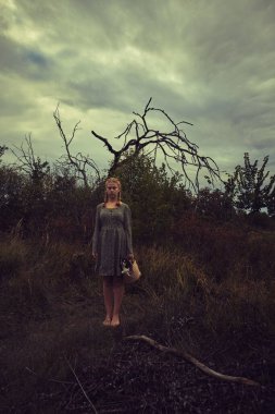 Elinde sepeti olan köylü elbiseli sarışın bir kız ve kasvetli bir tarlada küçük bir köpek.