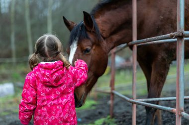 Paltolu Kız Çiftlikte Kahverengi At ile Duruyor