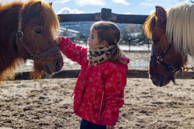 Sıcak giyimli kız dışarıda kahverengi midilliyle oynuyor.