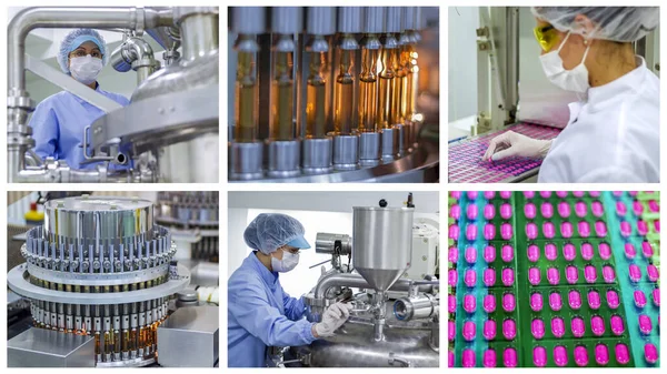 Pharmaceutical and Medicine Manufacturing Photo Collage. Pharmaceutical Factory Workers at Work on the Production Line. Vaccine Manufacturing. Medical Drug Production.