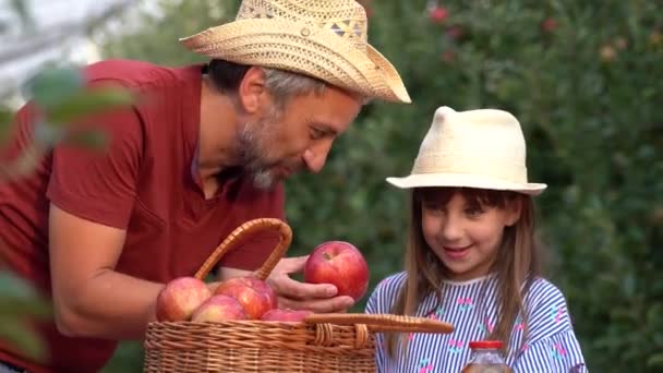 Ojciec Uczy Córkę Organicznym Procesie Wytwarzania Soku Jabłkowego Strzał Rack — Wideo stockowe